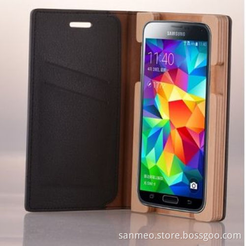 Luxury Leather Wooden Wallet Mobile Phone Case with Card Slot, for Samsung s5 i9600